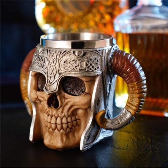 Stainless Steel Double Handle Horn Skull BeerCup,Viking Warrior SkullMug Tankard - Picture 5 of 6